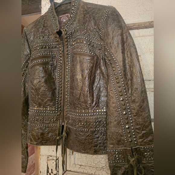 Double D Ranch Olive Studded Biker Leather Jacket Exc. Condition! Unique! Medium - Picture 2 of 7